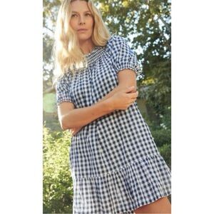 LAKE Size L Blue Gingham Smocked Veranda Mini Dress Off The Shoulder Cottage